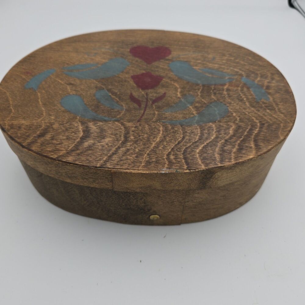 Vintage 1984 Hand-Painted Folk Art Wooden Oval Box Pennsylvania Dutch Style Tuli